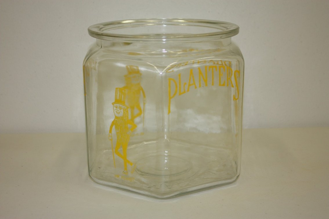 Vintage Planters Peanuts, Square Glass Jar, Without Lid, Countertop Store Display