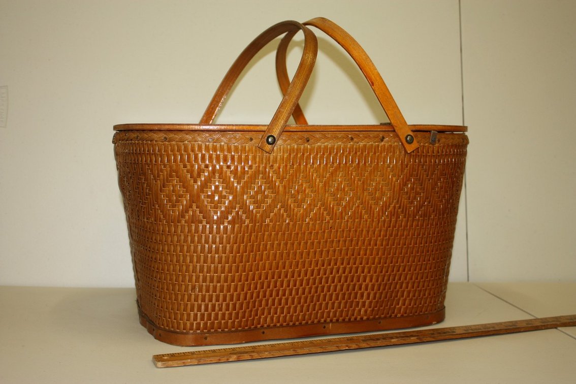 Antique Wooden Outdoor Picnic Basket with Plasticware and Utensils
