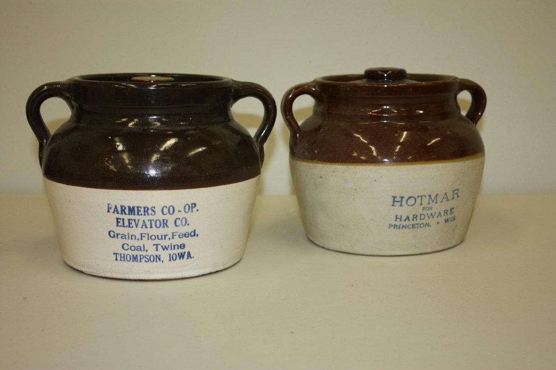 Vintage Lot of 2 Advertising Bean Crocks, Farmers Coop and Hardware