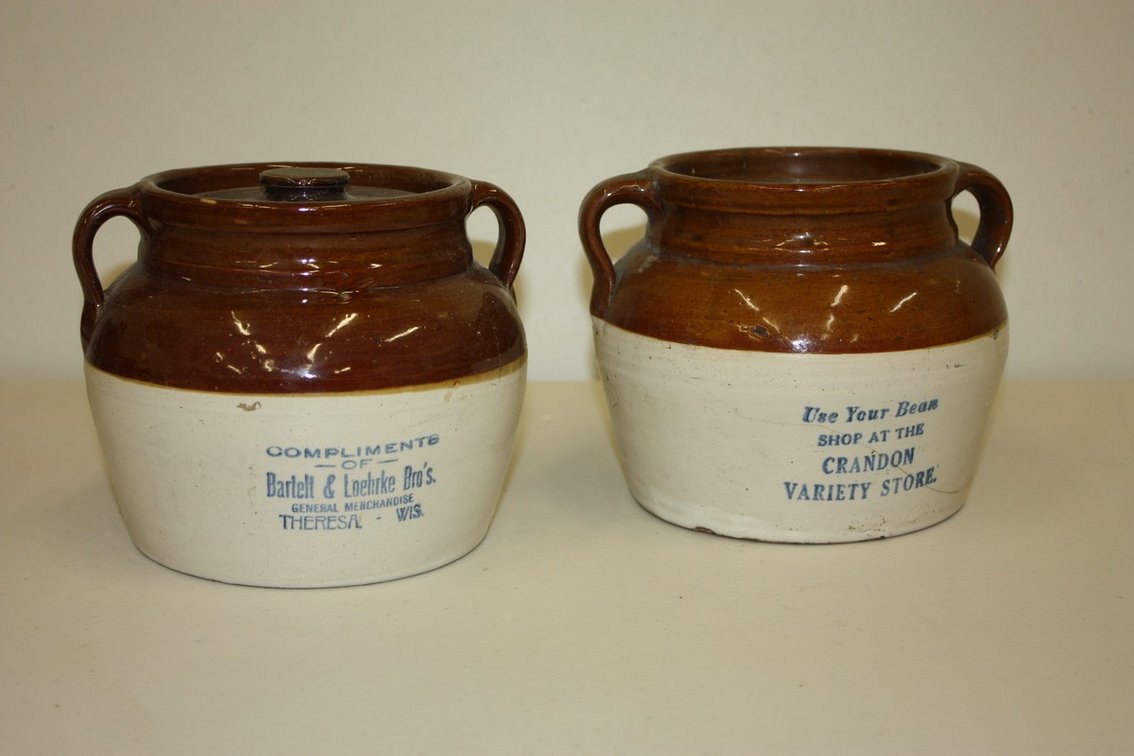 Vintage Lot of 2 Advertising Bean Crocks, Crandon Variety Store, and General Merchandise Theresa