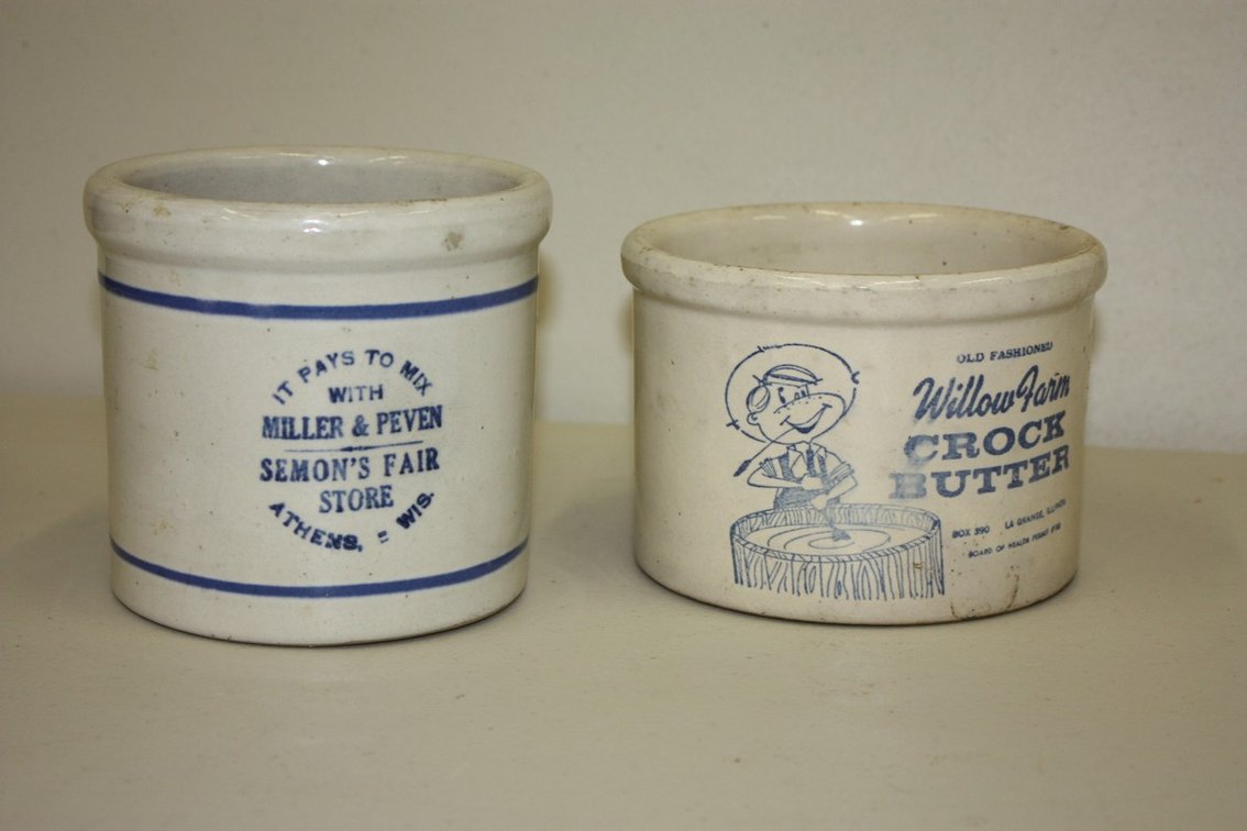 Lot of Two Vintage Butter Stoneware Advertising Crocks