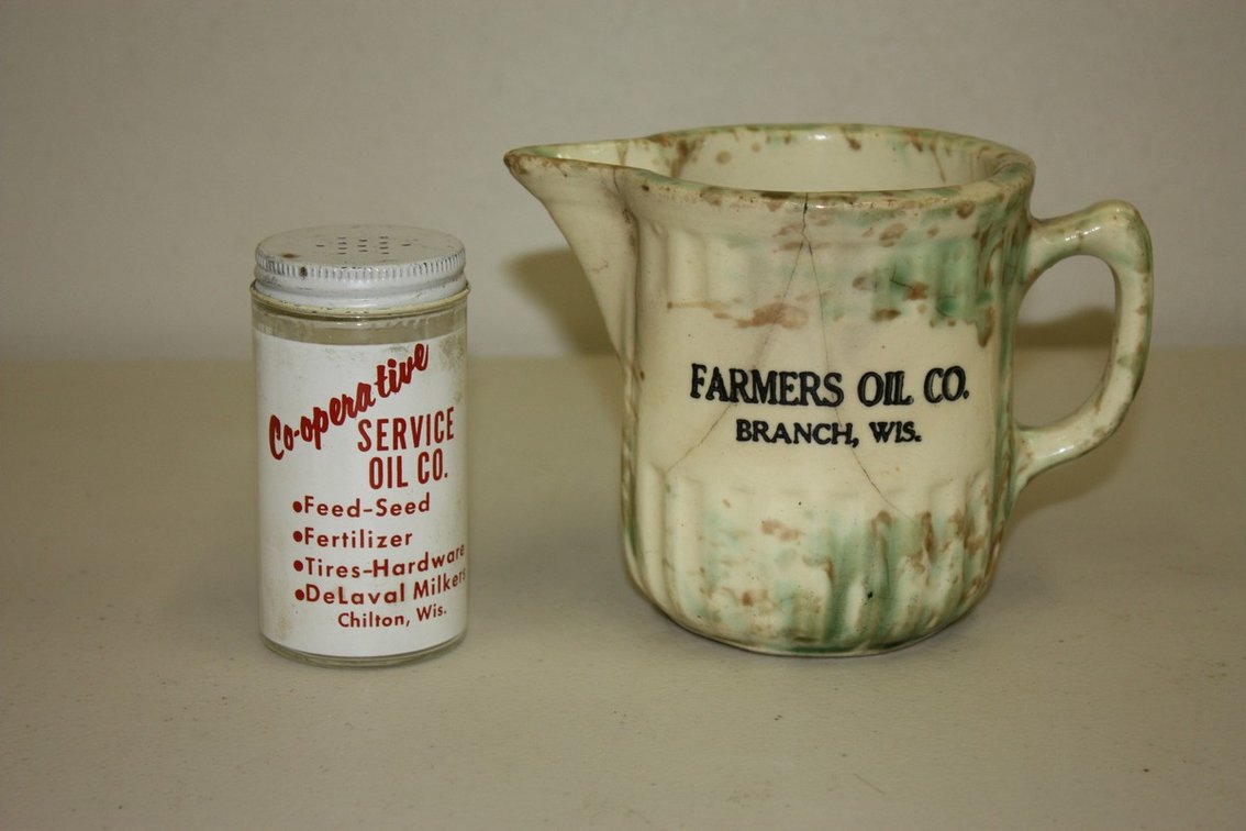 Vintage Stoneware, Branch Wisconsin Advertising Farmers Oil Company Pitcher