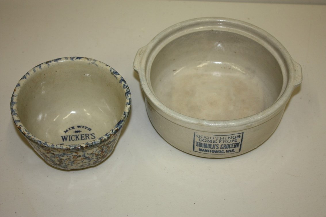 Lot of Two Stoneware Grocery Advertising Crocks, One Sponge Wear