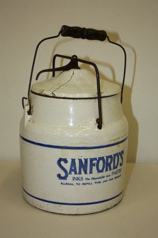 Vintage Stanfords, Inks Blue and White Stoneware Jar with Wire Lid