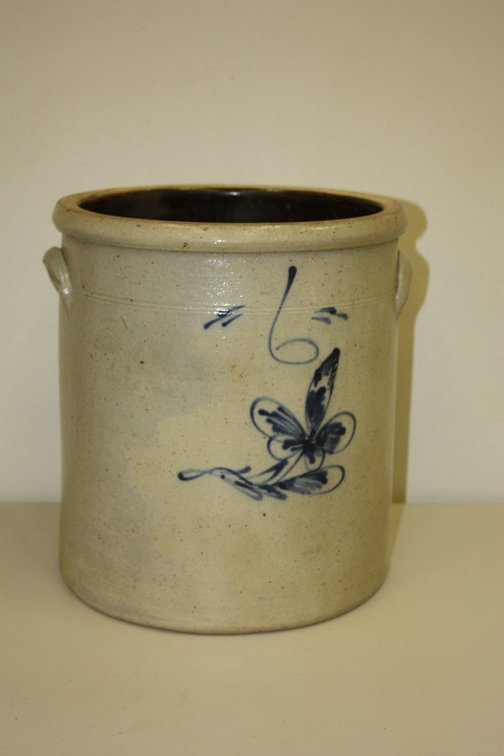 Antique 6 Gallon Stoneware Crock with Cobalt Blue Slip Taylor Floral Design Salt Glaze Faint Hairline Crack on Bottom, See Pictures
