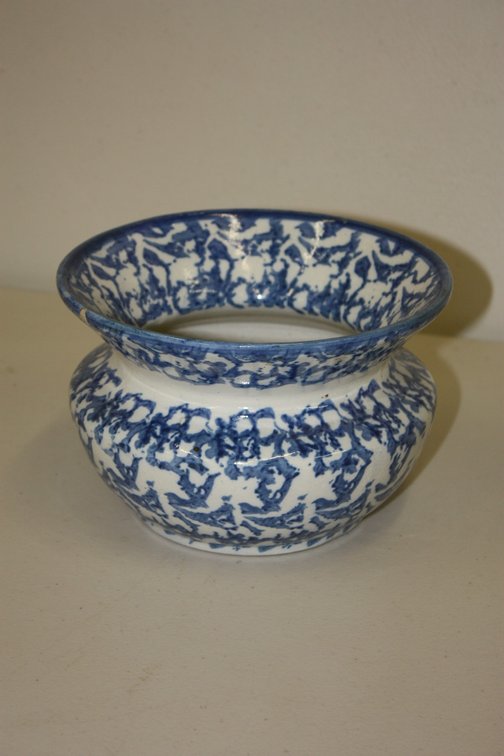 Antique Crock Blue and White Sponge Wear Spittoon/vase