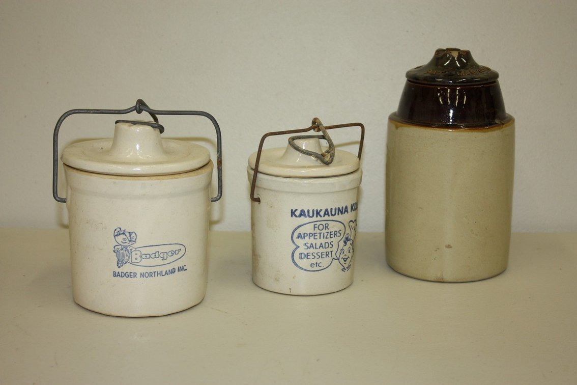Vintage Stoneware Advertising Crocks, Kaukauna Klub, Badger, Northland, Inc., and Stoneware Canning Jar