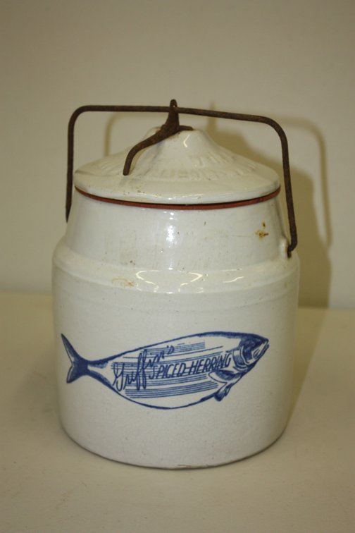 Vintage Griffin's Spiced Herring Stoneware 1 Gallon Advertising Crock Jar with Wire Lid