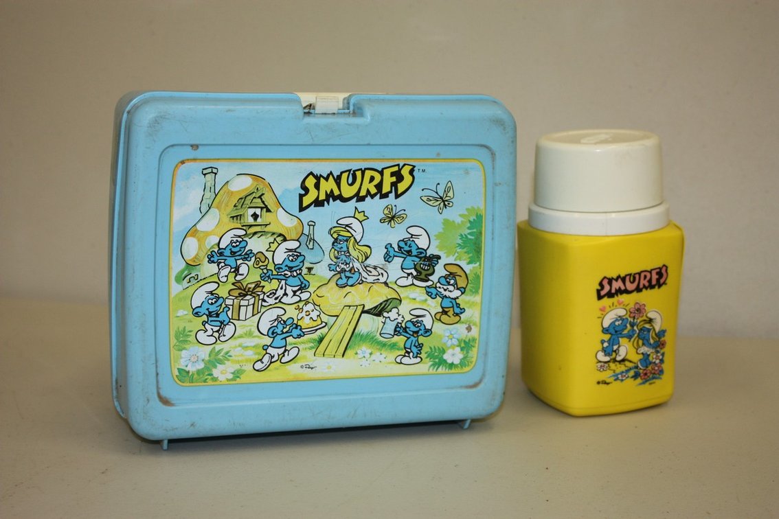 Vintage 1970s Smurfs Lunchbox with Matching Thermos Plastic