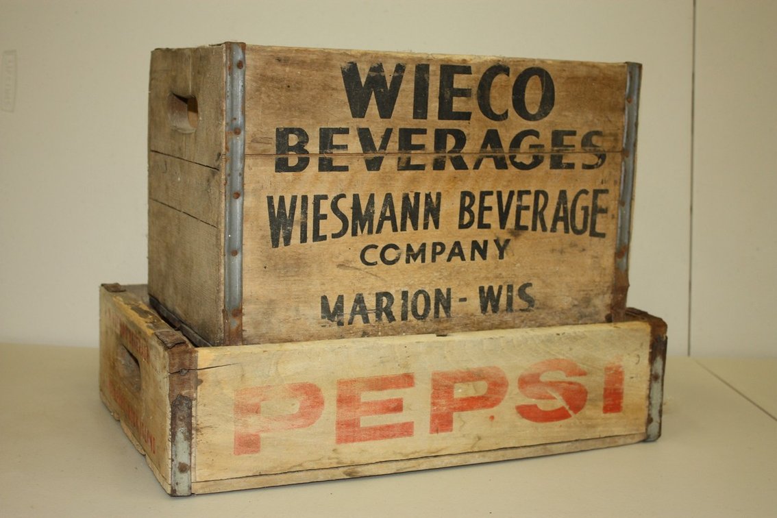 Lot of Two Vintage Wooden Soda Bottle Crates Pepsi and Wieco Beverages Marion, Wisconsin