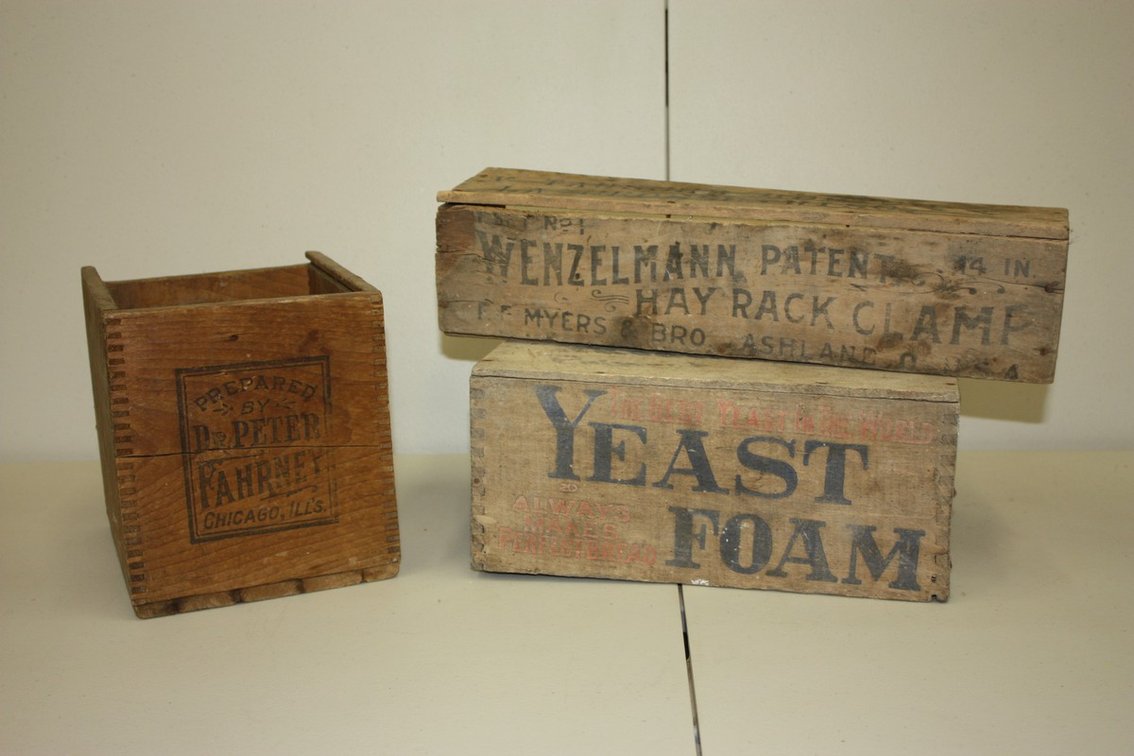 Lot of Two Antique Wooden Shipping Boxes, Hay Rack Clamp, and Yeast Foam