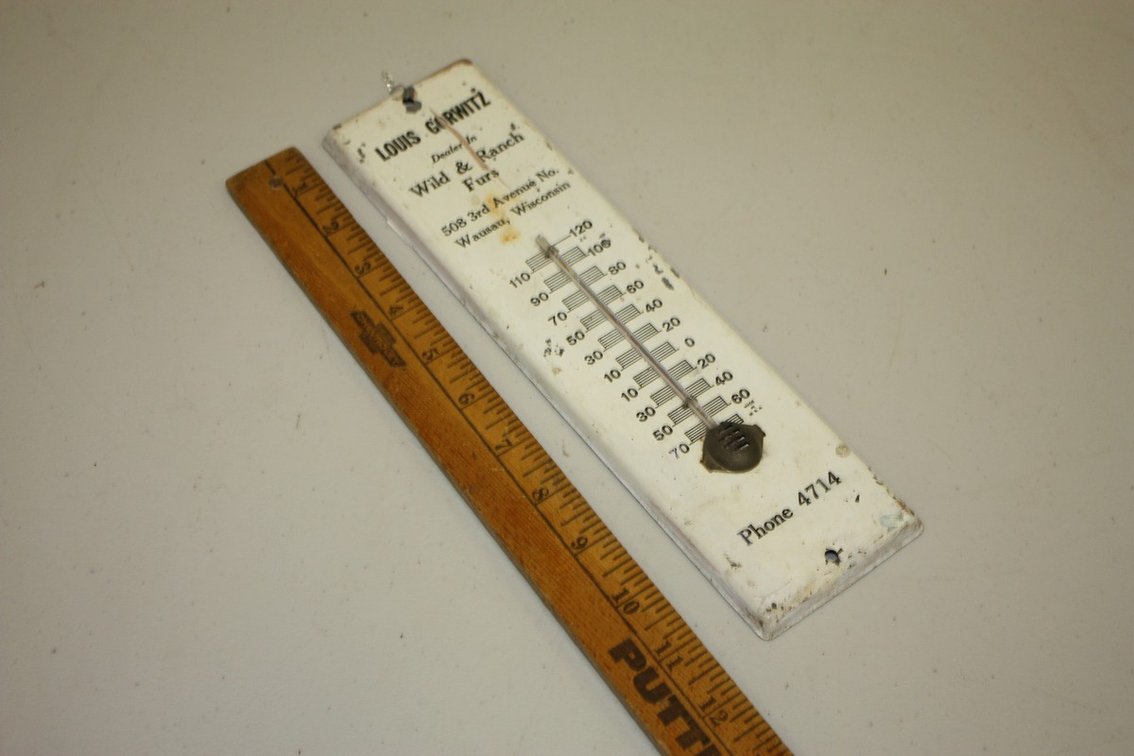 Vintage Clothing Advertising Thermometer, Wausau, Wisconsin, Wild and Ranch Furs, 12 in Tall