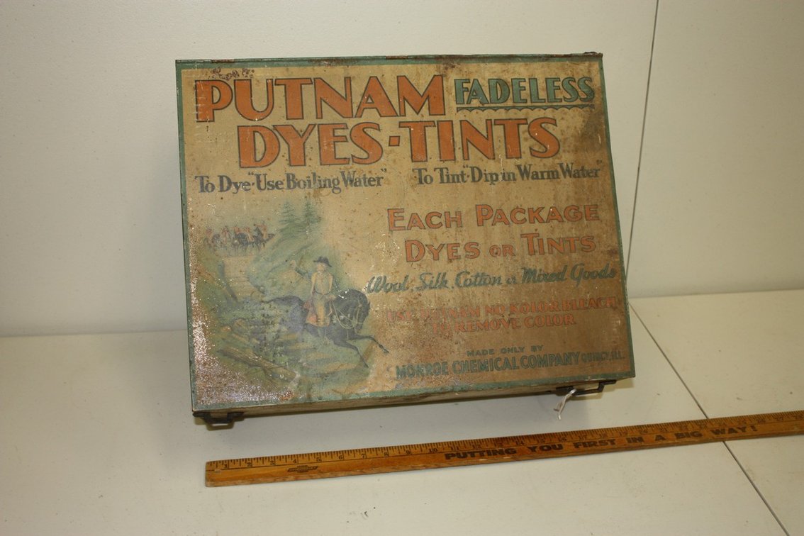 Vintage Putnam Fadeless Dyes Tins General Store Display Advertising Cabinet