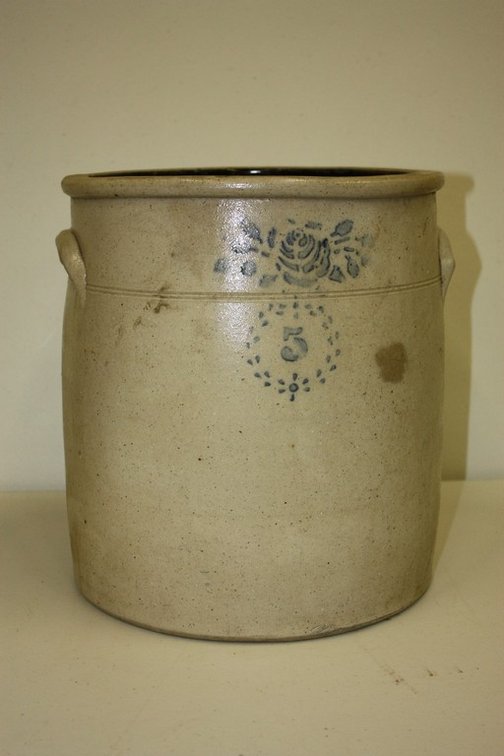 Antique Stoneware 5 Gallon Blue Cobalt, Decorated Salt Glazed Crock