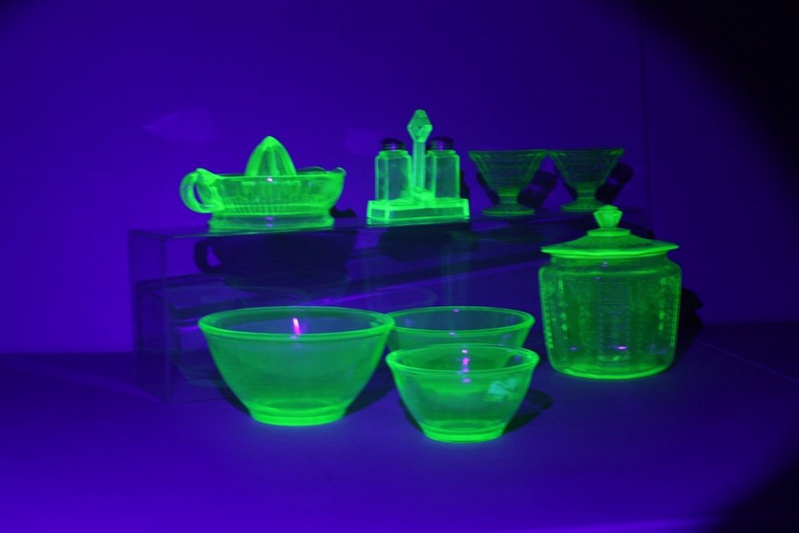 Large Lot of Vintage Uranium Glass, Nesting Bowls, Ice Cream Bowls, Salt, Pepper, Shakers, Candy, Jar, and Juicer