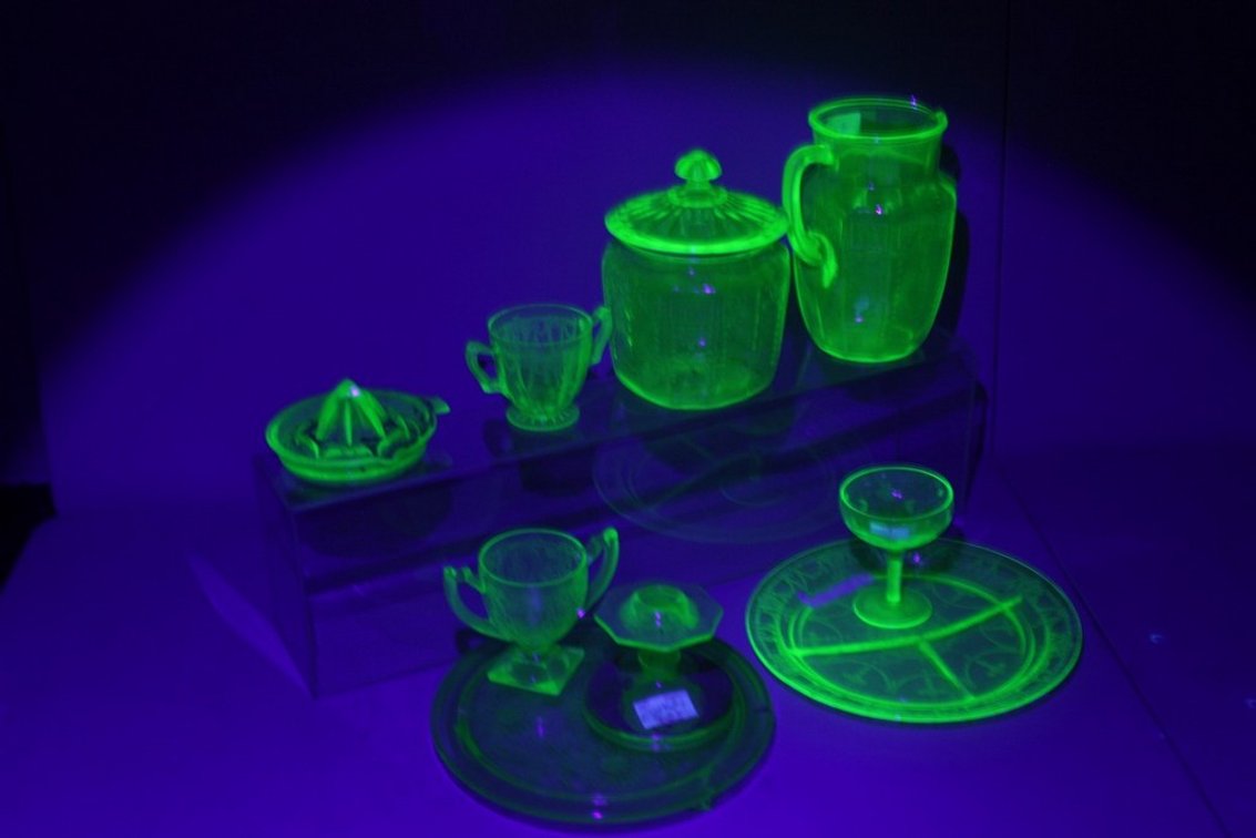 Large Lot of Vintage Uranium Glass, with Decorative Pattern, Candle Holders, Chalice Cups, Etc.