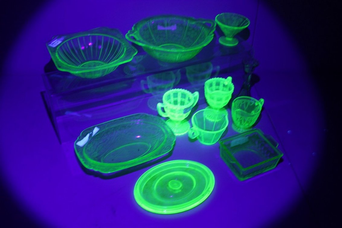 Large Lot of Vintage Uranium Glass Bowls, Pitchers, Cups, and More