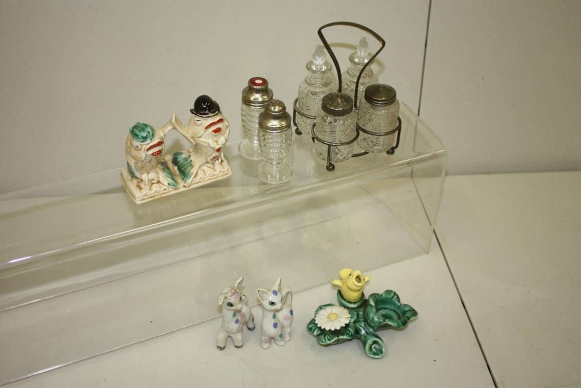 Lot of Four Vintage Decorative Salt and Pepper Shakers, One with Oil and Vinegar