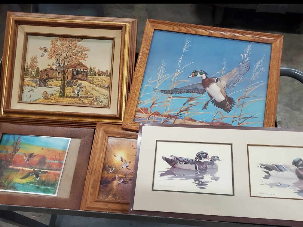 Lot 112: Waterfowl pictures and misc bells and lamp