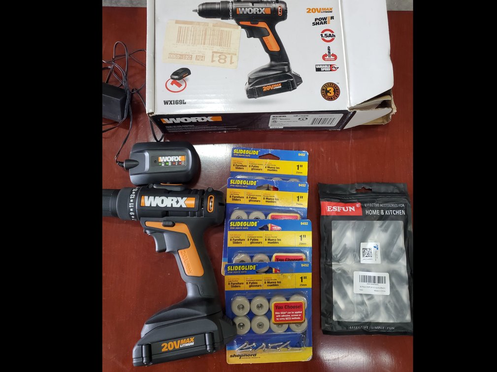 Lot 131: Worx drill, s hooks and furniture sliders