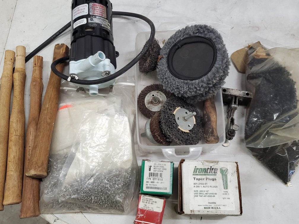 Lot 77: Misc pile of small hardware,pump,handles and more