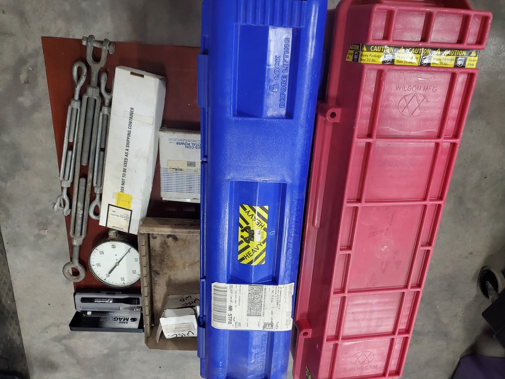 Lot 176: Cable turnbuckles,mini mag lite, plastic storage containers