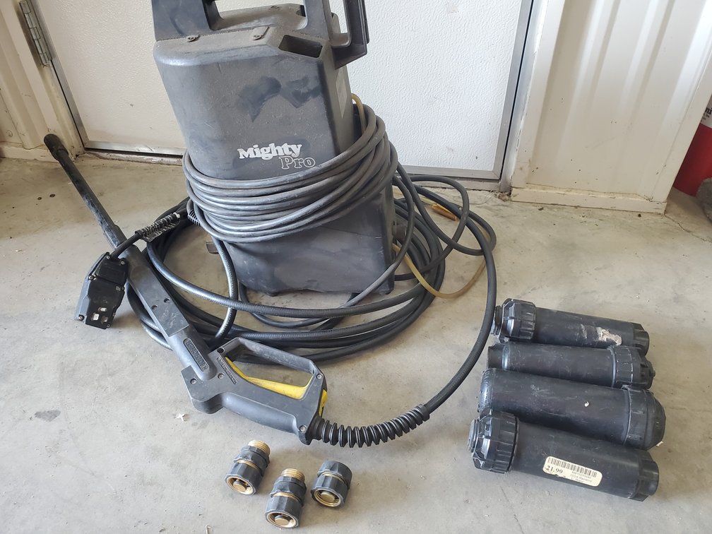 Lot 114: Mighty pro pressure washer and springler heads