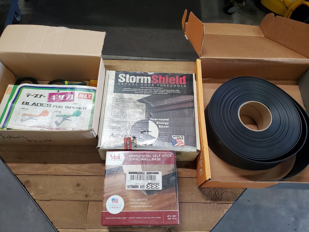 Lot 36: Wall base, garage door seal and tapener refills