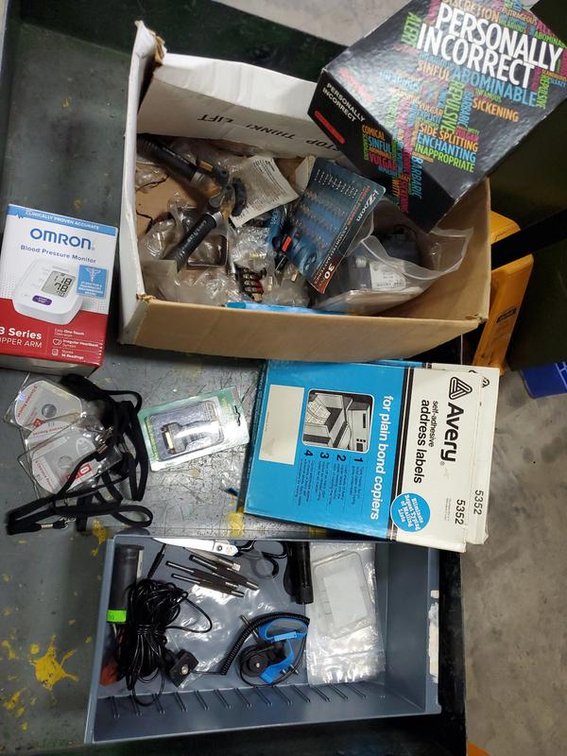 Lot 126: Box Lot of Assorted Office Supplies Tools Electronics & Accessories
