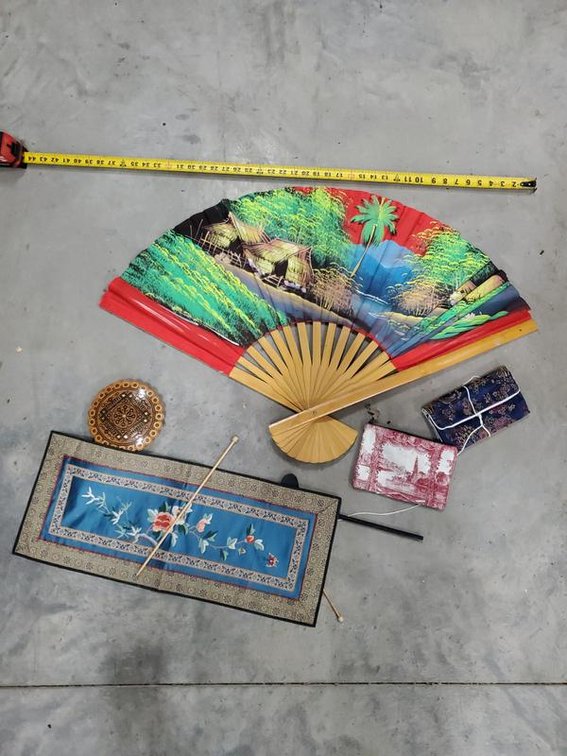 Lot 140: Lot of Asian Decor Wall Fan Textile Panel Dish & Accessories