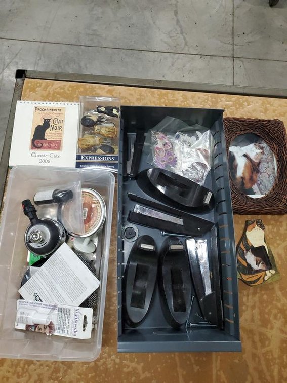 Lot 146: Lot of Assorted Office Supplies Craft Items & Cat Decor