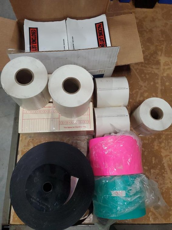 Lot 178: Box Lot of Assorted NOS Shipping Labels Forms Paper Rolls Supplies