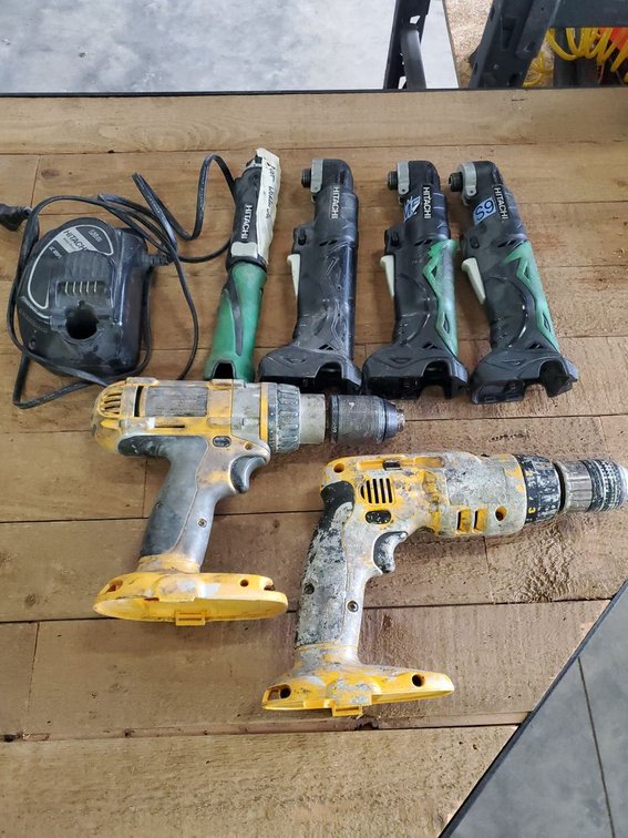 Lot 102: Hitachi & DeWalt Cordless Tool Lot Charger Drills Angle Drivers As-Is