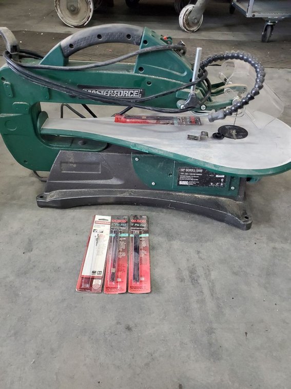 Lot 37: Masterforce 18in Scroll Saw with Assorted Pin End Blade Packs Tested