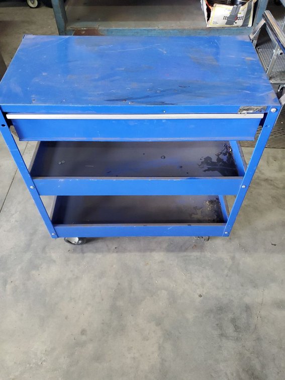 Lot 42: Blue Steel Rolling Tool Cart Workbench 1 Drawer 2 Shelf Shop Cart