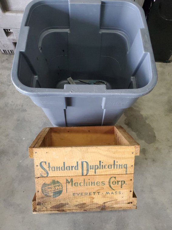 Lot 45: Vintage Standard Duplicating Machines Corp Wood Advertising Crate and tote