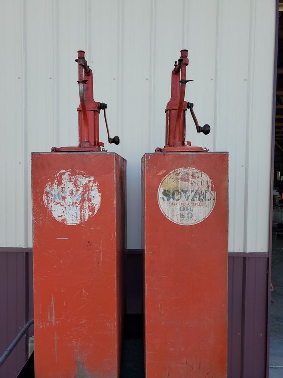 Lot 62: Pair of Vintage SOVAC Oil Dispenser Tanks w/ Hand Pumps Bowser