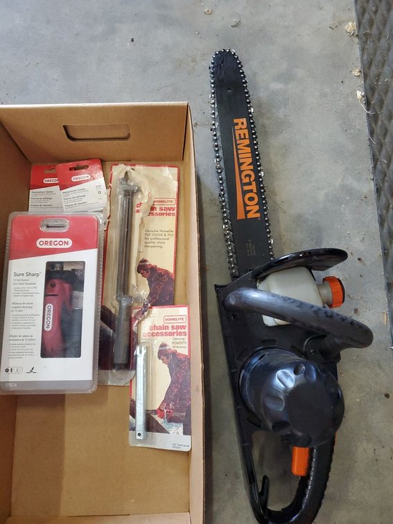 Lot 104: Remington Limb n Trim Pro RM1630W Electric Chainsaw w/ Sharpening Tools