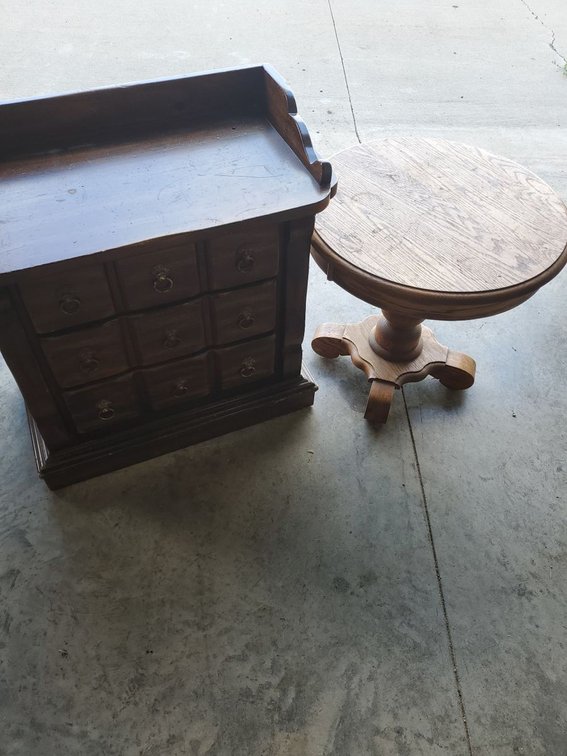 Lot 103: Vintage Accent Furniture Lot Apothecary Style Chest & Round Table