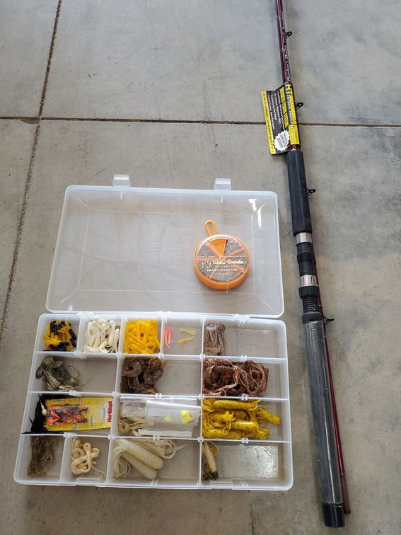 Lot 75A: HT Enterprises Fishing Rod Tackle Box Soft Baits Sinker Assortment