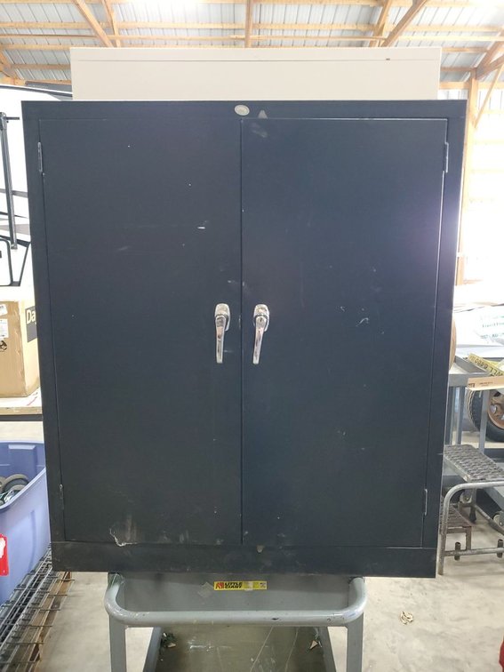 Lot 87: Black Metal Storage Cabinet 2 Door Locking Shop Garage Cabinet