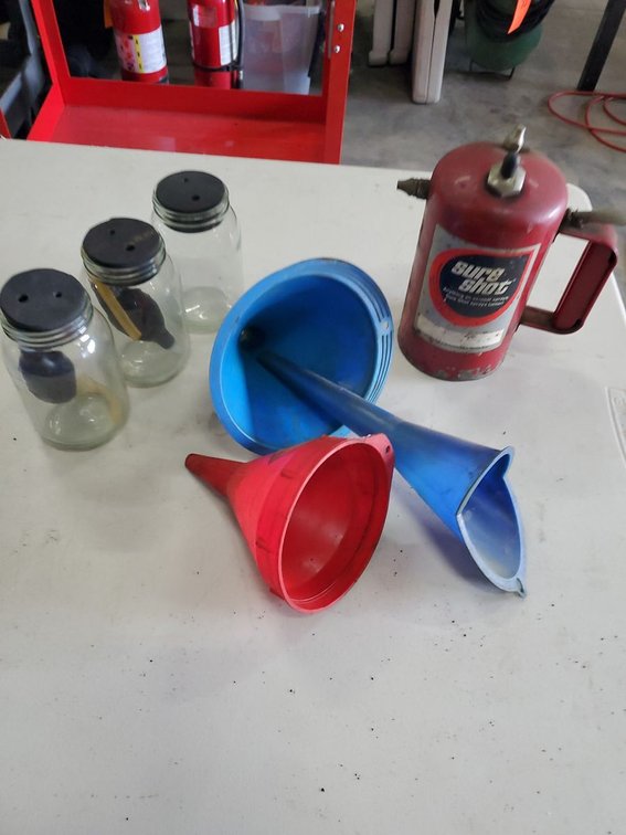 Lot 89: Sure Shot Aerosol Sprayer Funnels & Glass Shaker Jars Mixed Shop Lot