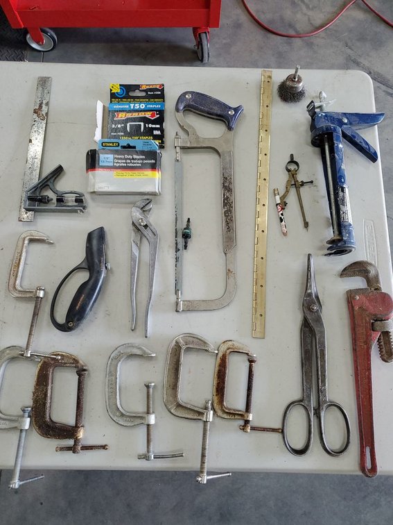 Lot 90: Assorted Hand Tools Lot C-Clamps Hacksaw Snips Pipe Wrench Staples
