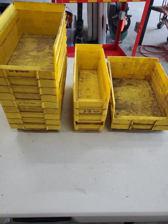 Lot 98: Assorted Yellow Plastic Parts Storage Bins Stackable Shop Organizer Lot