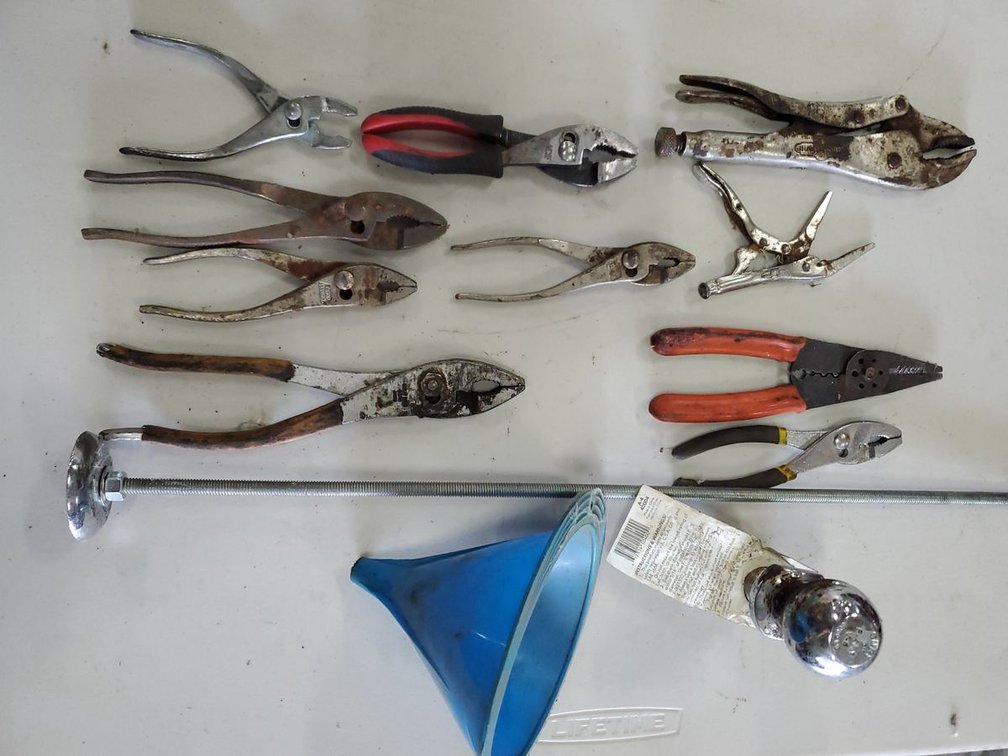 Lot 142: Assorted Hand Tools Lot w/ CURT 2in Hitch Ball, Pliers & Funnel