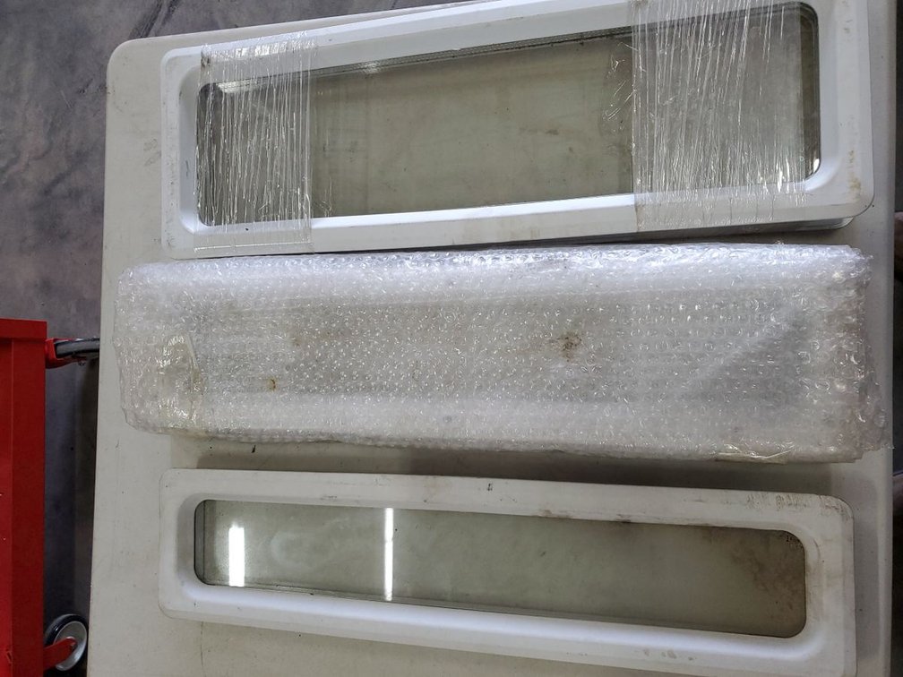 Lot 143: Set of 3 RV Entry Door Window Inserts White Framed Glass Panels