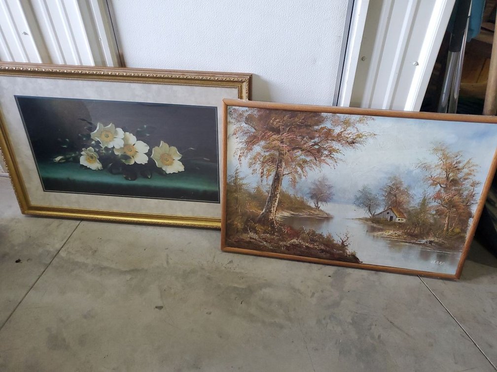 Lot 145: Framed Floral Print & Signed Landscape Oil Painting Wall Art Pair