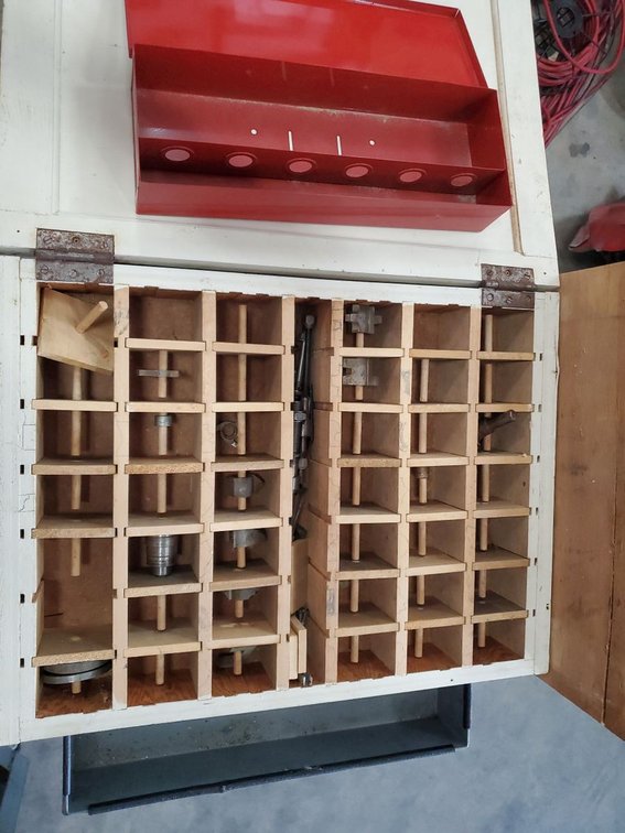 Lot 153: Assorted Woodworking Cutter Heads & Arbors in Wall Storage Cabinet
