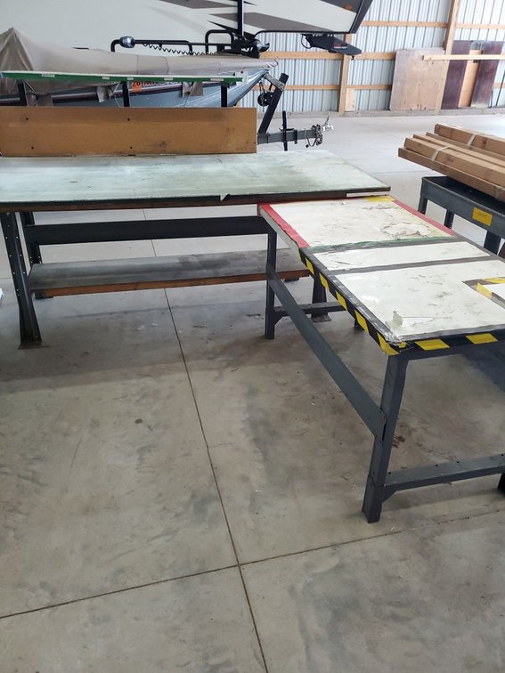 Lot 163: Industrial Workbench and Utility Table Steel Frame Laminate Tops