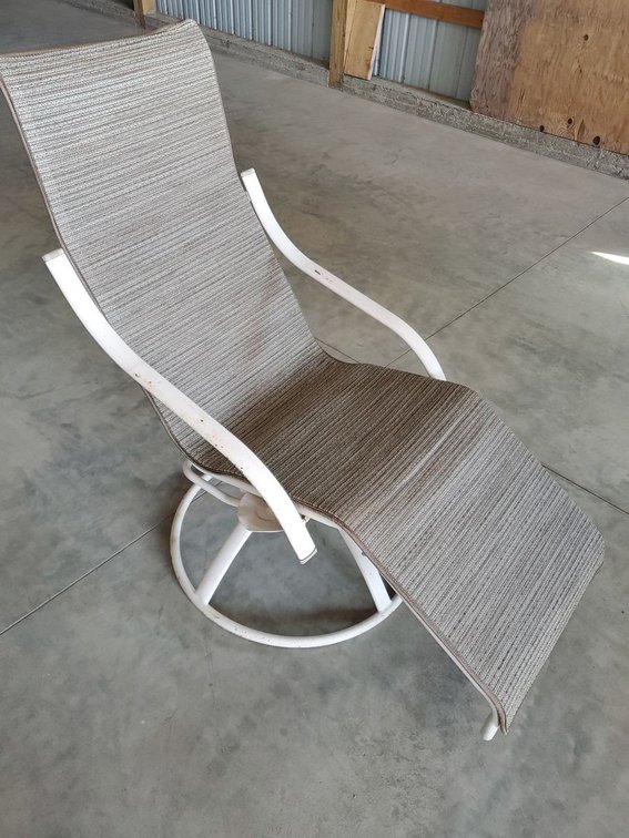 Lot 179: Outdoor Patio Sling Swivel Lounge Chair White Metal Frame Beige